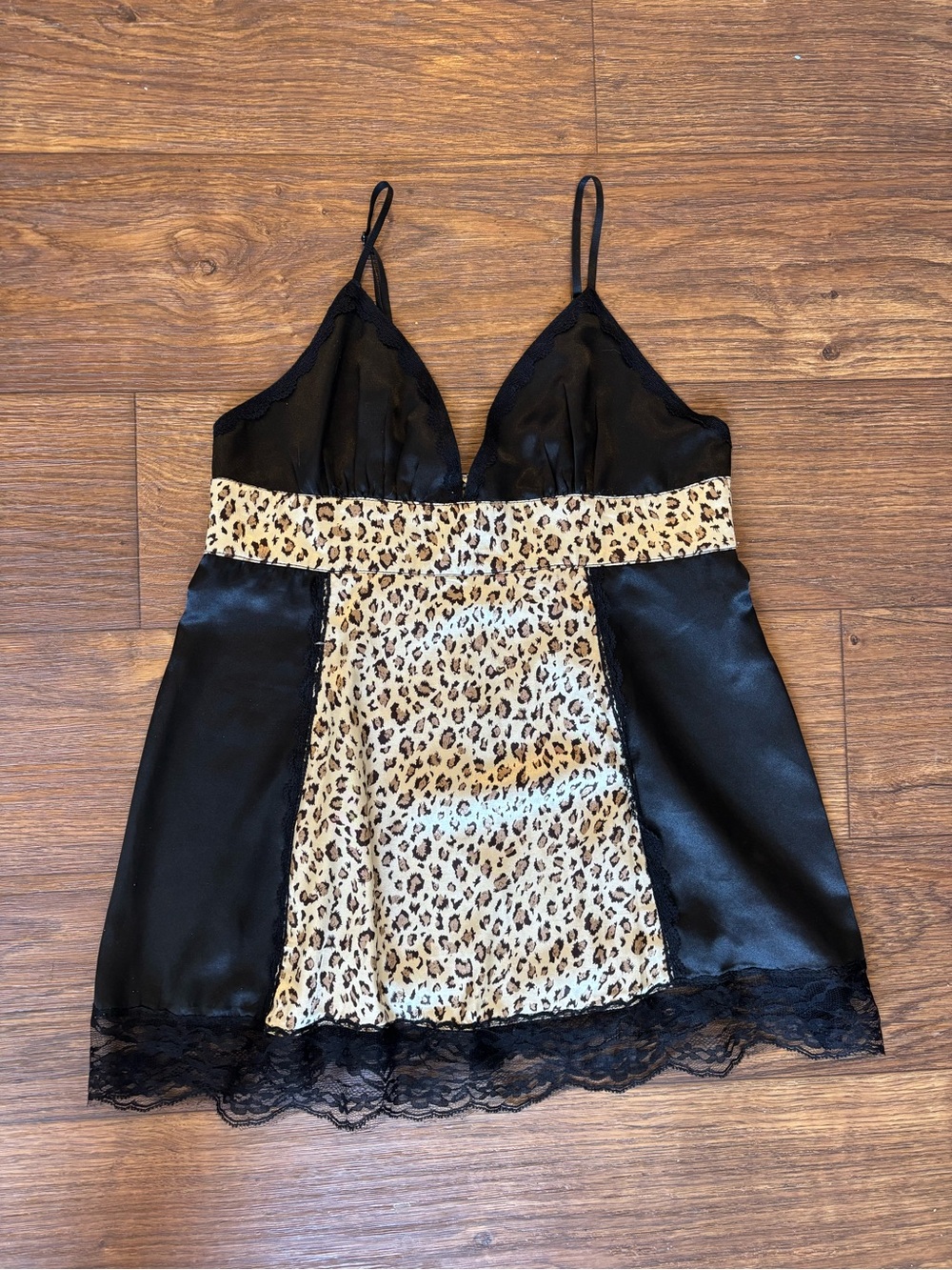 Leopard Panel Satin Cami with Lace Trim - Black & Leopard